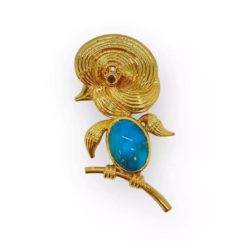 Broche Oiseau Turquoise Diamant Rubis sold by 58 Facettes