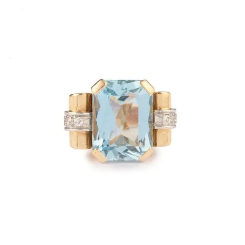 Bague Tank Retro Aigue Marine 12 Carats Diamants Or Rose sold by 58 Facettes