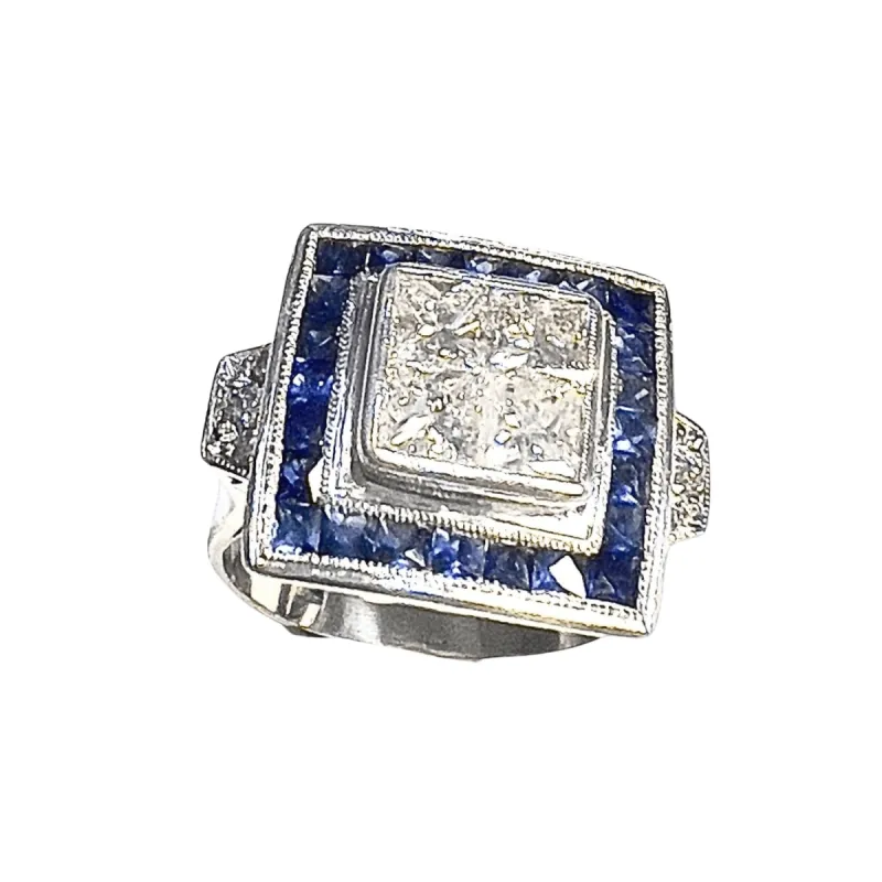 Bague de style Art Déco en platine et or avec diamants et saphirs sold by 58 Facettes