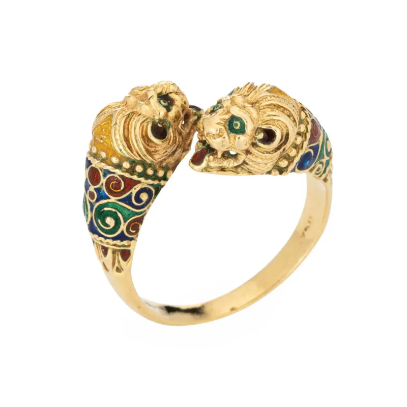 Bague Double Lion en Or Jaune, Bande de Contournement des Yeux en Émail sold by 58 Facettes