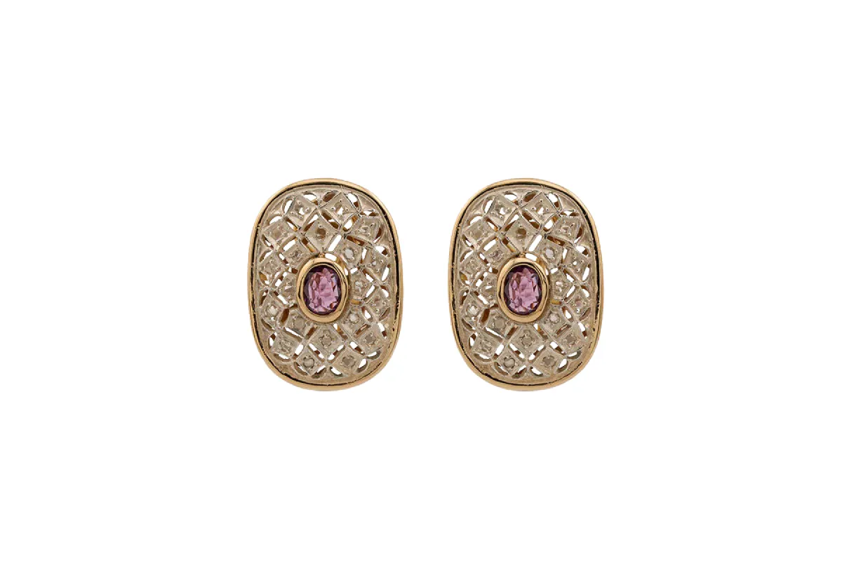 Boucles d'oreilles clips en or jaune et argent avec huit-huit diamants et améthystes sold by 58 Facettes