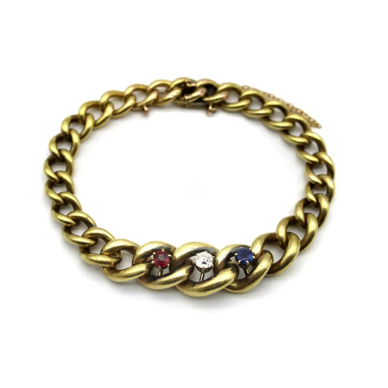Bracelet édouardien à mailles gourmette graduées en or 14K avec diamants, rubis et saphir made by 58 Facettes