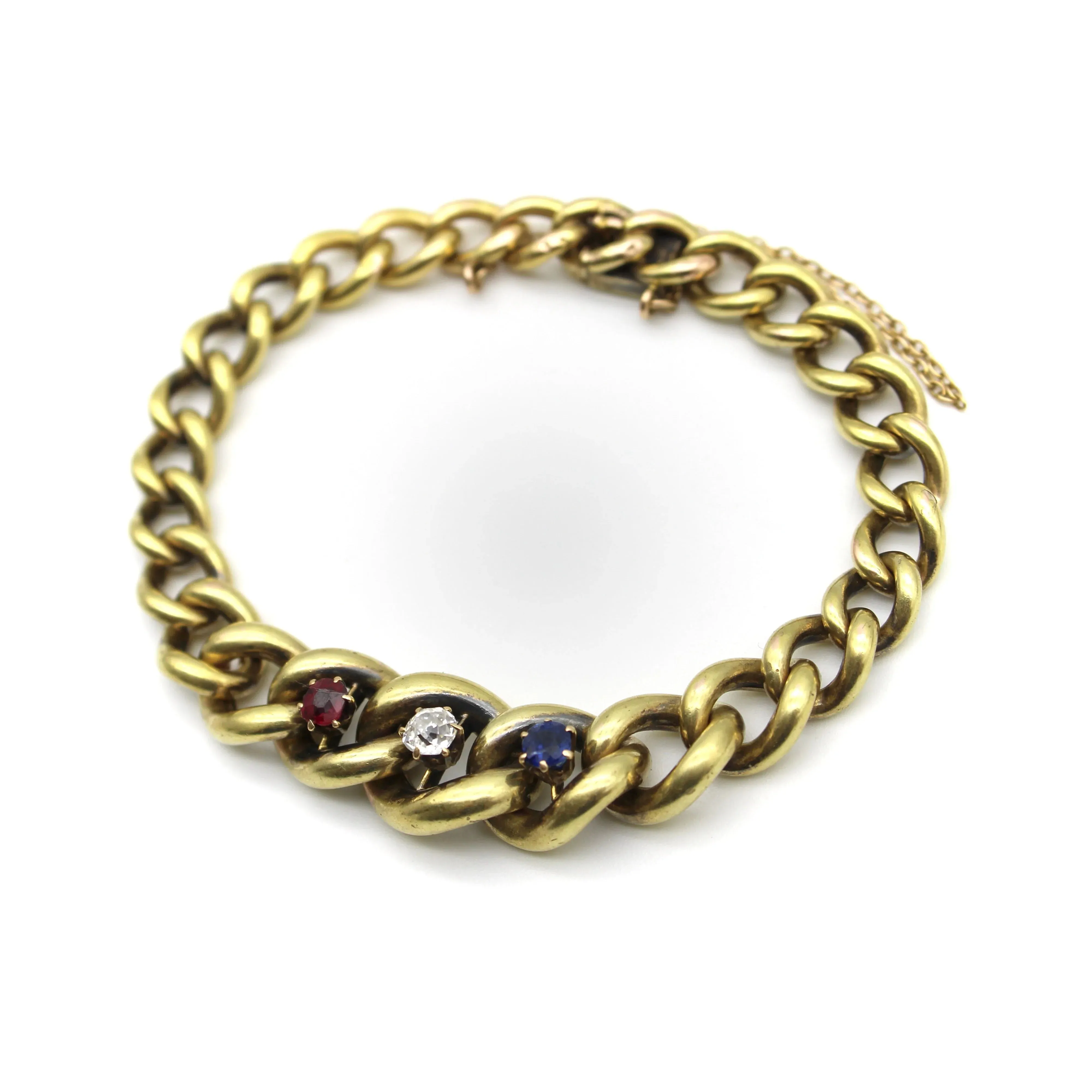 Bracelet édouardien à mailles gourmette graduées en or 14K avec diamants, rubis et saphir sold by 58 Facettes product image thumbnail 2