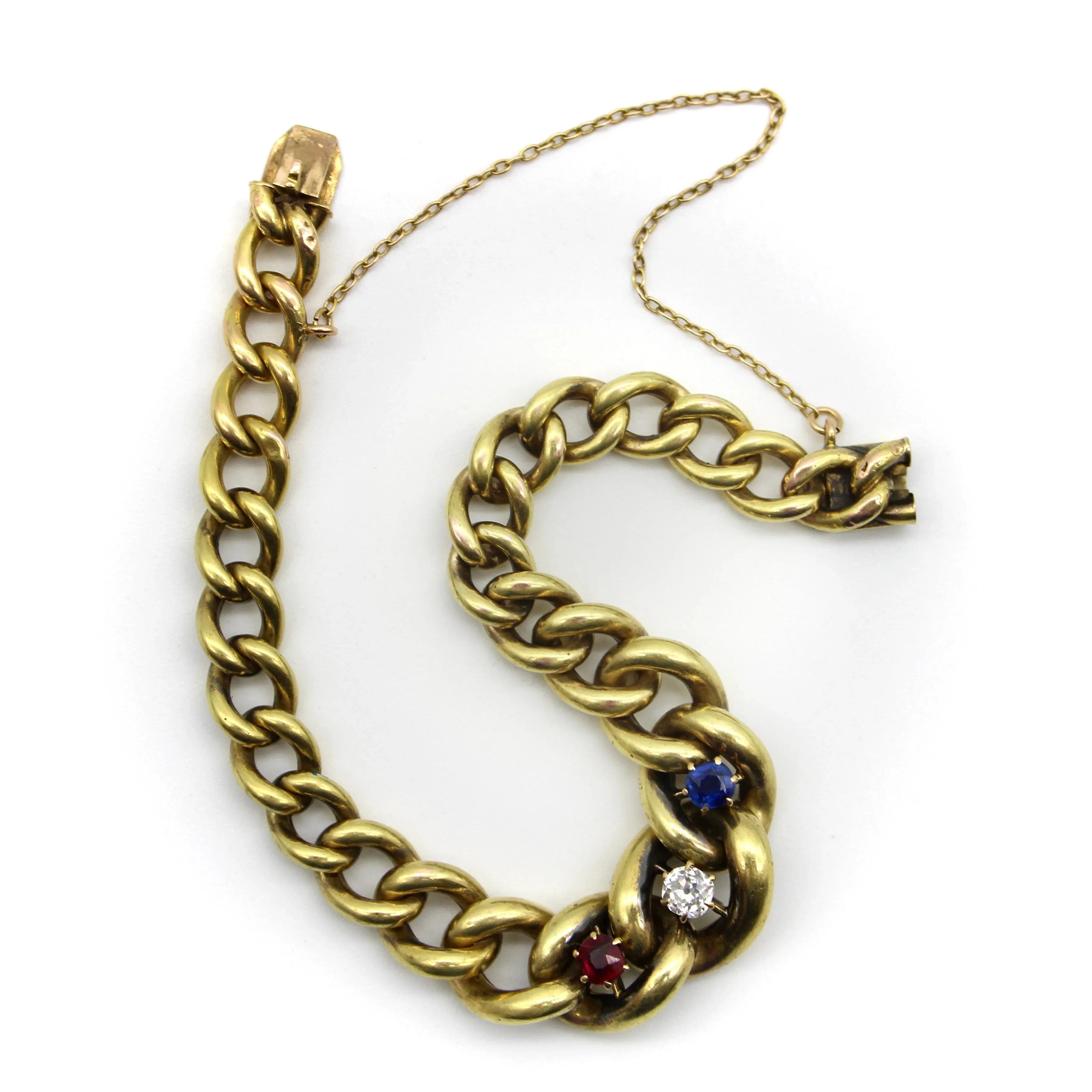 Bracelet édouardien à mailles gourmette graduées en or 14K avec diamants, rubis et saphir sold by 58 Facettes product image thumbnail 3