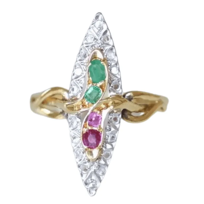 Bague marquise serpent émeraudes, rubis, et diamants sold by 58 Facettes