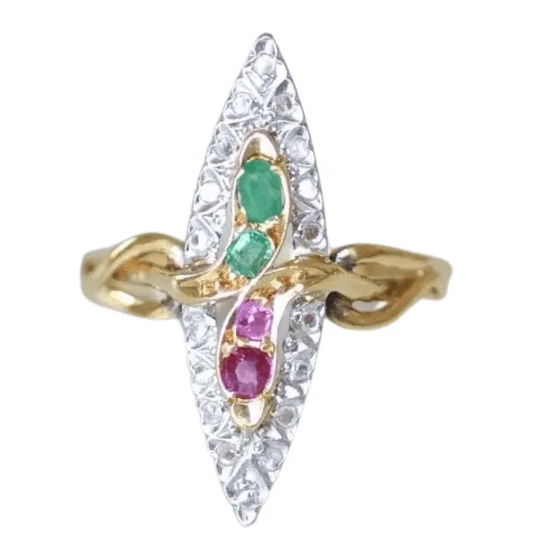 Bague marquise serpent émeraudes, rubis, et diamants sold by 58 Facettes
