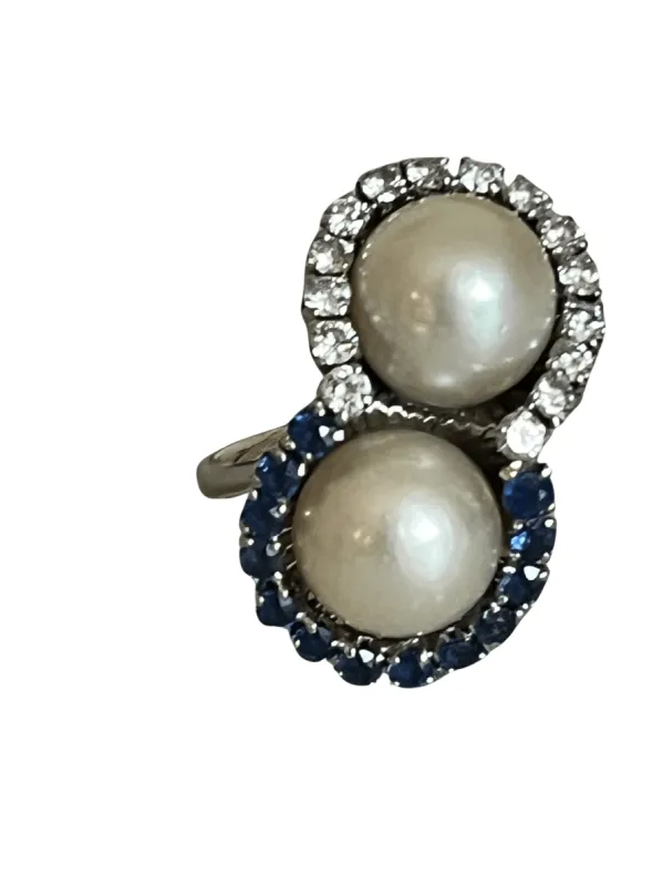 Bague Toi & Moi Or Gris Platine Perles Saphirs Diamants sold by 58 Facettes