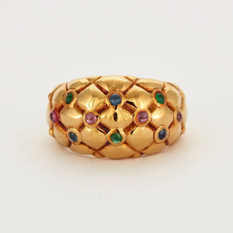 Bague boule en or jaune matelassé saphirs rubis et émeraudes sold by 58 Facettes
