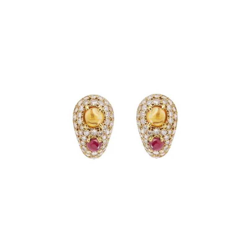Boucles d’oreilles rétro clip citrines rubis diamants or jaune sold by 58 Facettes