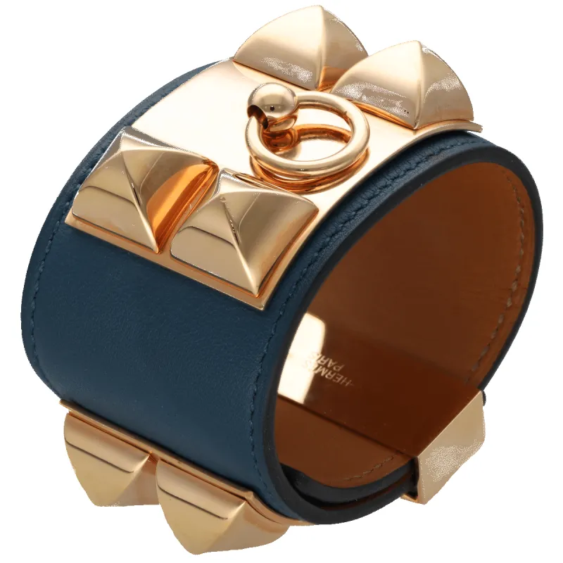 HERMES - Bracelet Collier de Chien en métal doré rose et cuir bleu sold by 58 Facettes