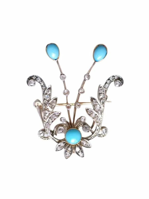 Broche aigrette ancienne or rose, argent, diamants, et turquoises sold by 58 Facettes