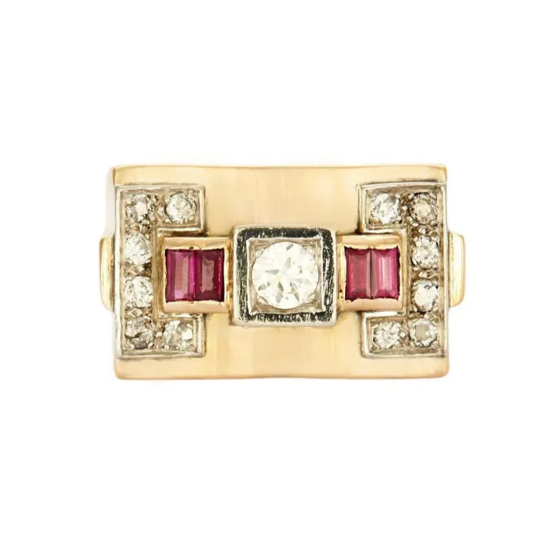 Bague Tank platine et or jaune avec diamants et rubis sold by 58 Facettes