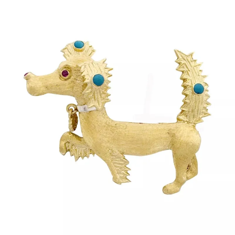 Broche vintage "Chien" deux ors, rubis, turquoise. made by 58 Facettes
