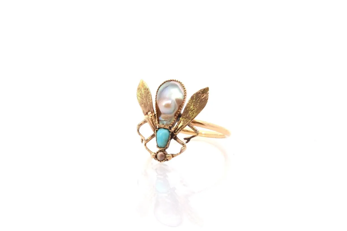 Bague vintage abeille soufflure de perles fines et turquoise sold by 58 Facettes