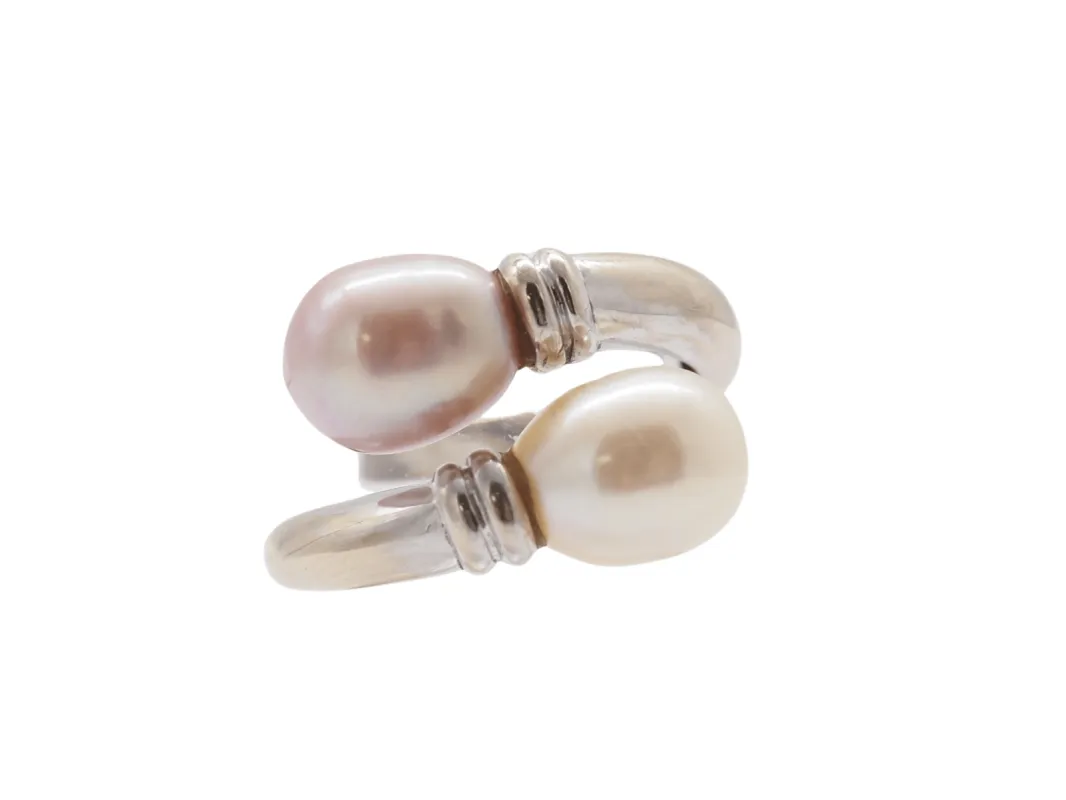 Bague toi et moi en or blanc 18k et perles made by 58 Facettes