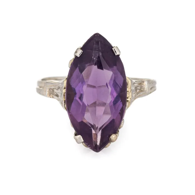 Vintage Art Déco Améthyste Navette Bague Or Blanc Estate Fine Jewelry sold by 58 Facettes