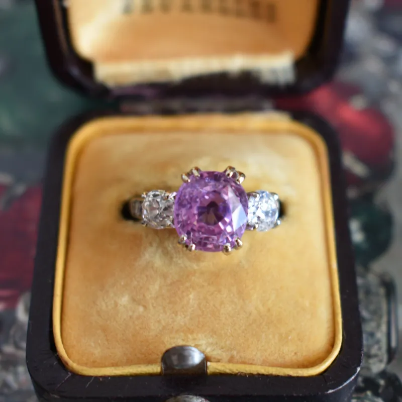 Bague trilogie or blanc saphir ceylan rose diamants sold by 58 Facettes