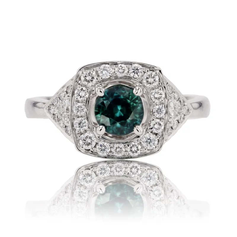Bague style art déco diamants et saphir Teal sold by 58 Facettes