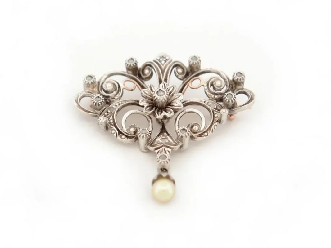vintage broche pampille perle 1850 en argent & or 18k diamants sold by 58 Facettes
