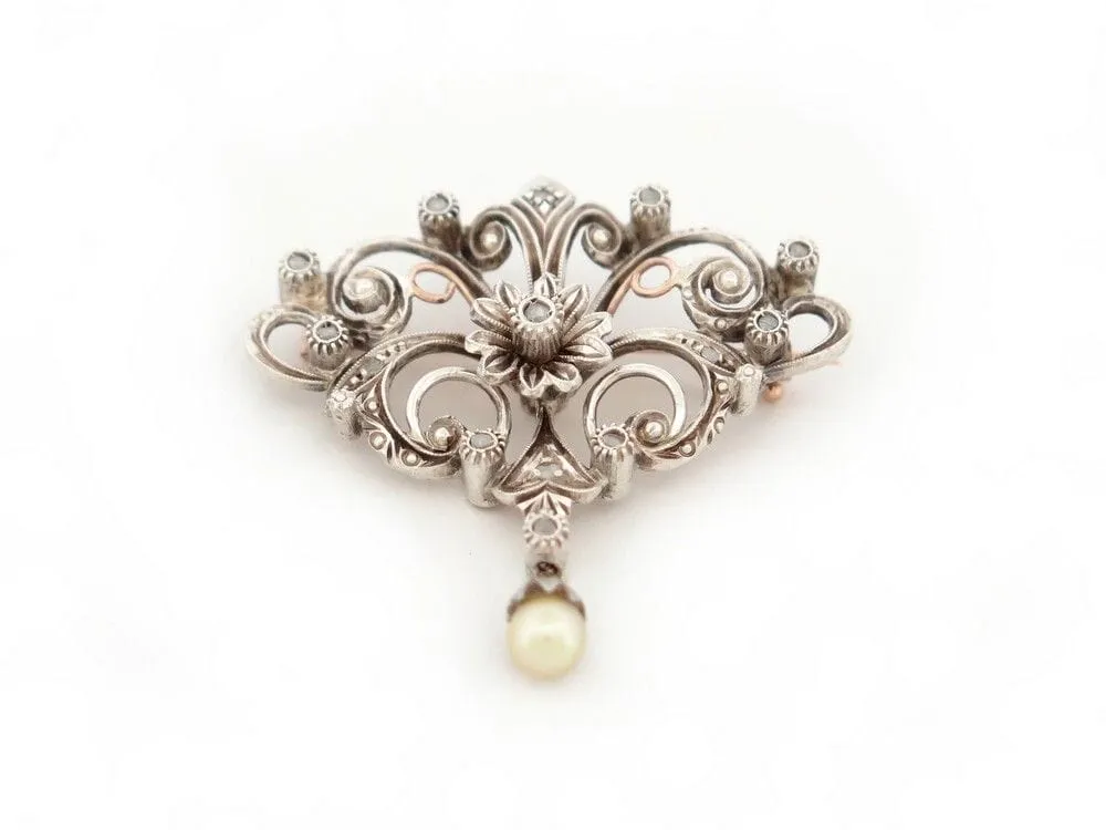 vintage broche pampille perle 1850 en argent & or 18k diamants sold by 58 Facettes
