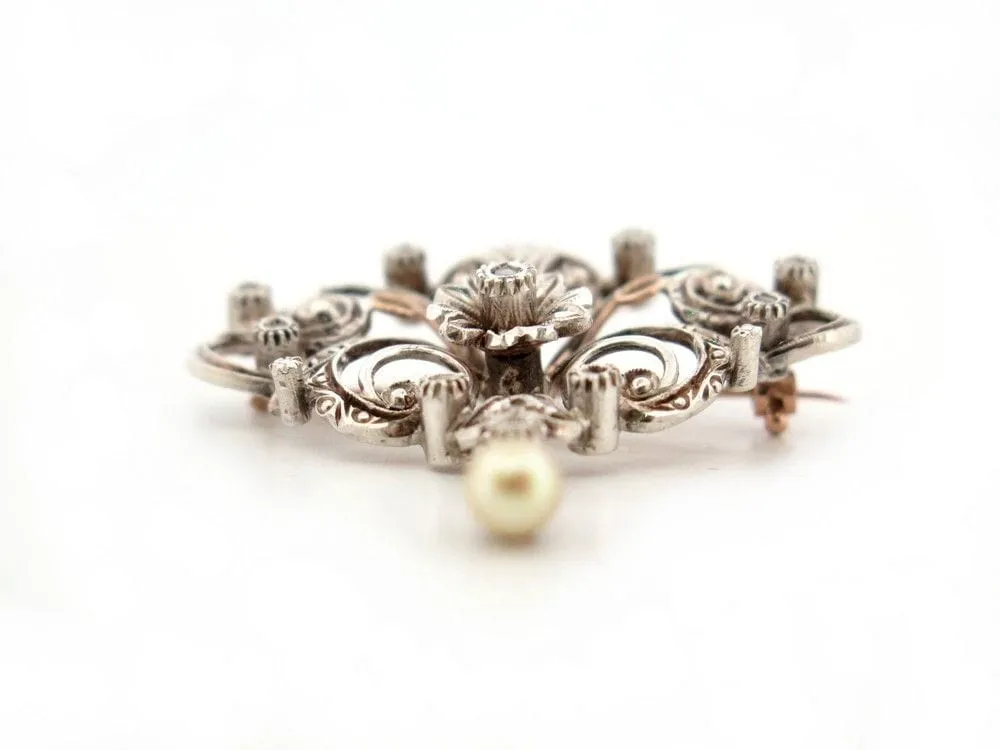 vintage broche pampille perle 1850 en argent & or 18k diamants sold by 58 Facettes product image thumbnail 2