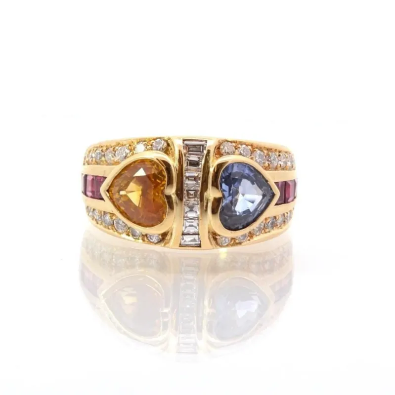Bague coeurs saphirs, diamants, rubis, or sold by 58 Facettes