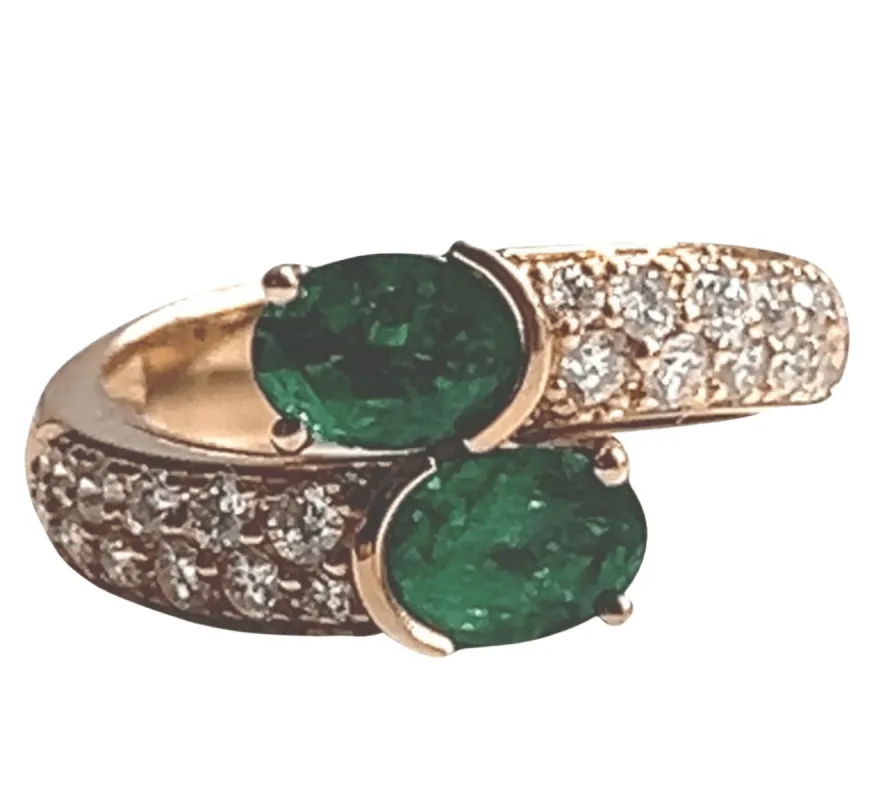 Duo Ring of Emeralds and Diamonds Pink Gold sold by 58 Facettes
