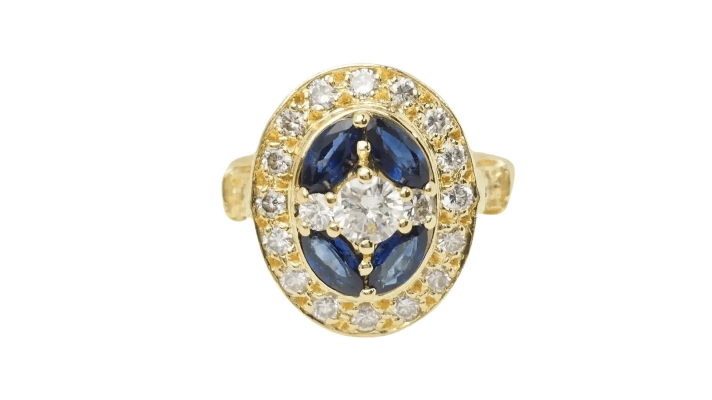 Bague ovale en or jaune, saphirs navette et diamants sold by 58 Facettes