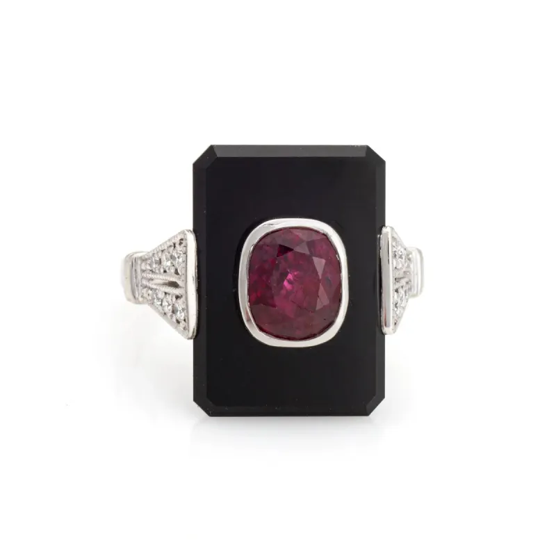 Bague cocktail - en platine 900 avec rubis, onyx et diamants made by 58 Facettes