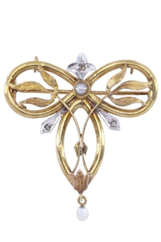 Brocha ancienne 2 Ors Perles Diamants sold by 58 Facettes