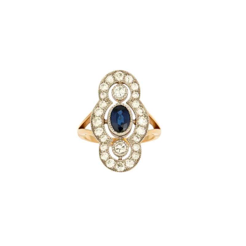 Bague Style Art Déco or jaune platine diamants saphir sold by 58 Facettes