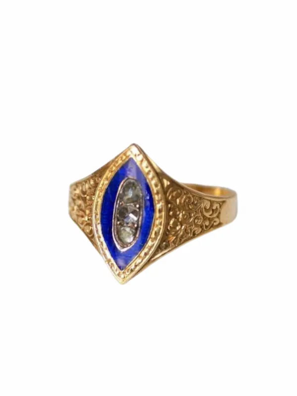 Bague marquise ancienne en or jaune et diamant sur émail bleu sold by 58 Facettes