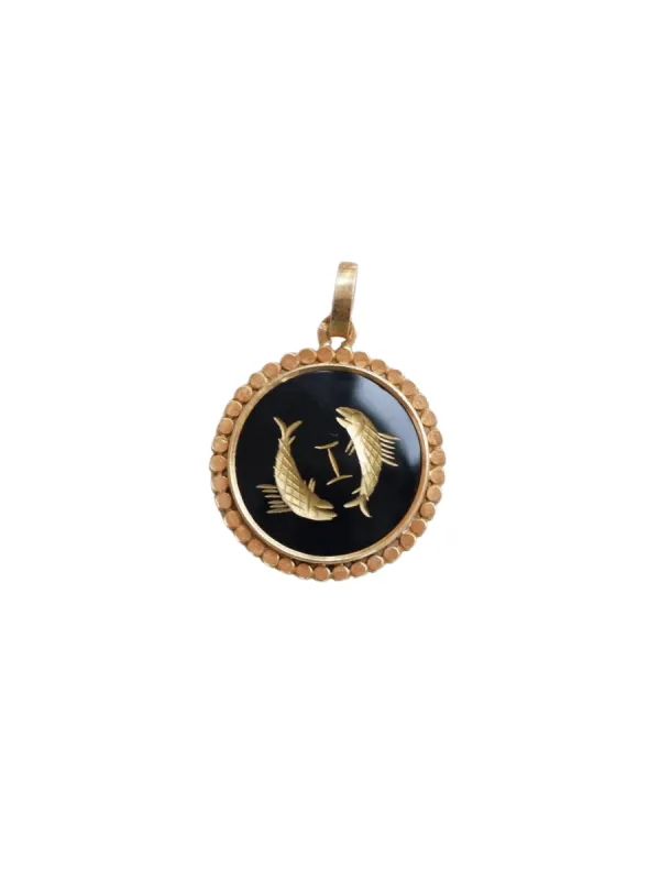 Médaille Zodiaque Poissons, or rose et onyx sold by 58 Facettes
