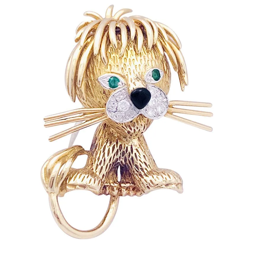 Broche Van Cleef & Arpels, "Lion ébouriffé", en or jaune, diamants, émeraudes et émail. sold by 58 Facettes