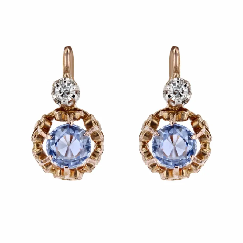 Boucles d'oreilles anciennes saphirs diamants dormeuses sold by 58 Facettes