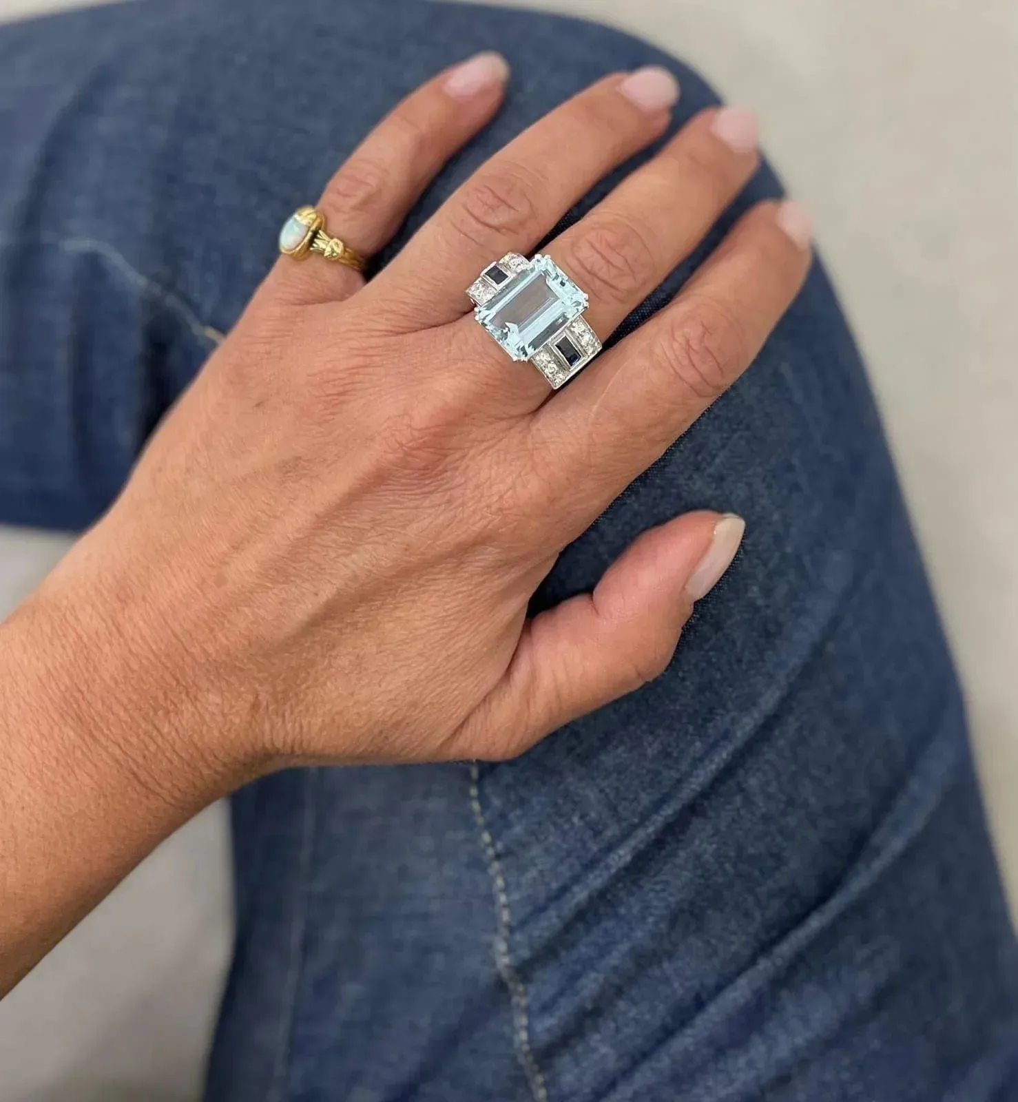 Bague Art Déco en Or Saphir Diamant Aigue-Marine 12 Carats sold by 58 Facettes product image thumbnail 3