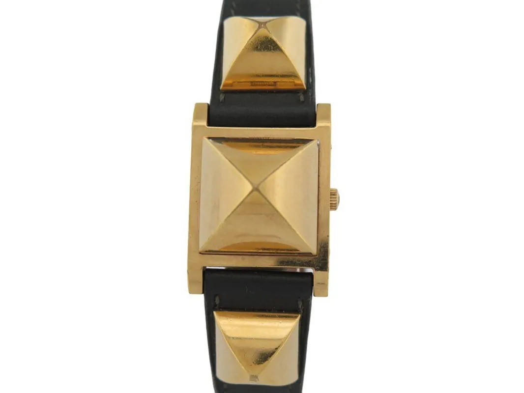 vintage montre HERMES medor plaque or & cuir 23mm box quartz sold by 58 Facettes