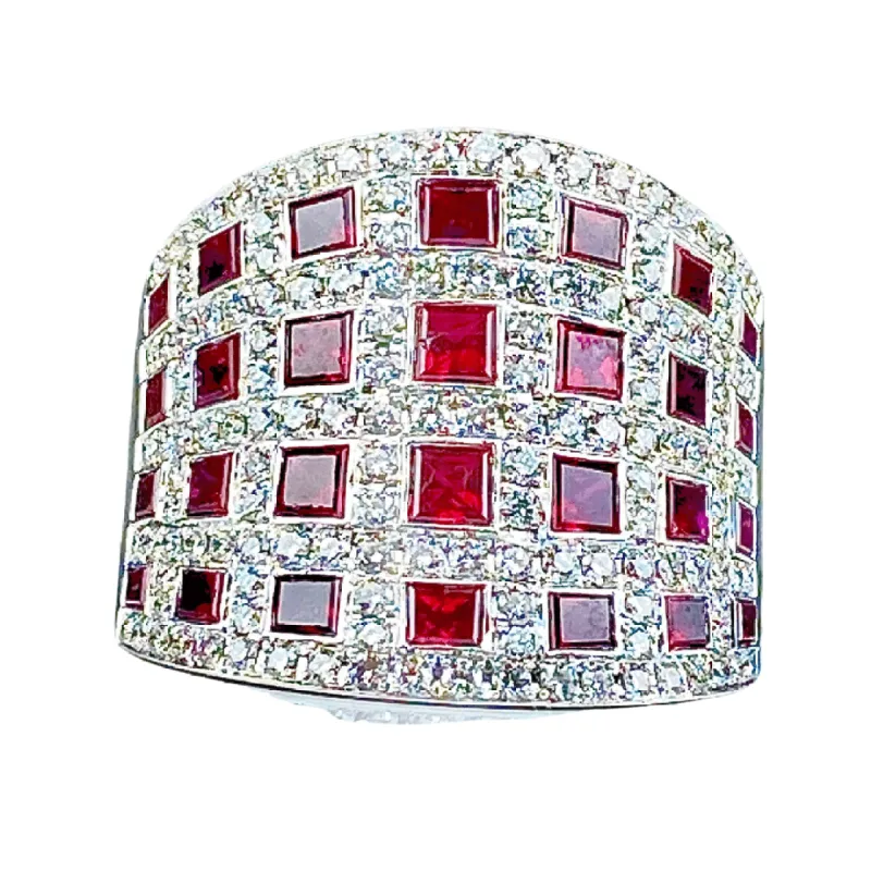 Bague bandeau cocktail Or blanc Rubis Diamants made by 58 Facettes