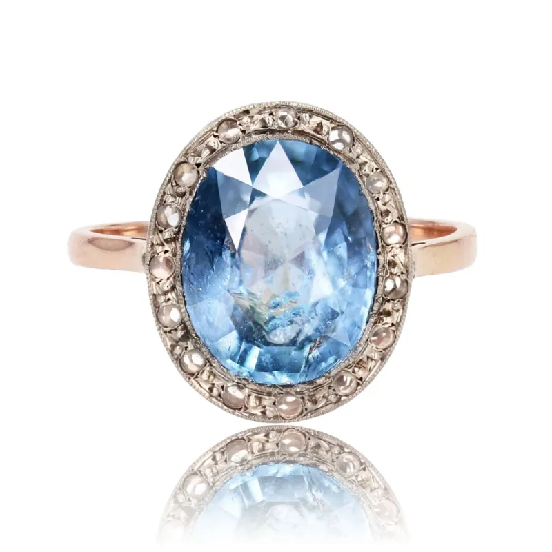 Bague ancienne ovale saphir naturel et diamants taillés en rose made by 58 Facettes