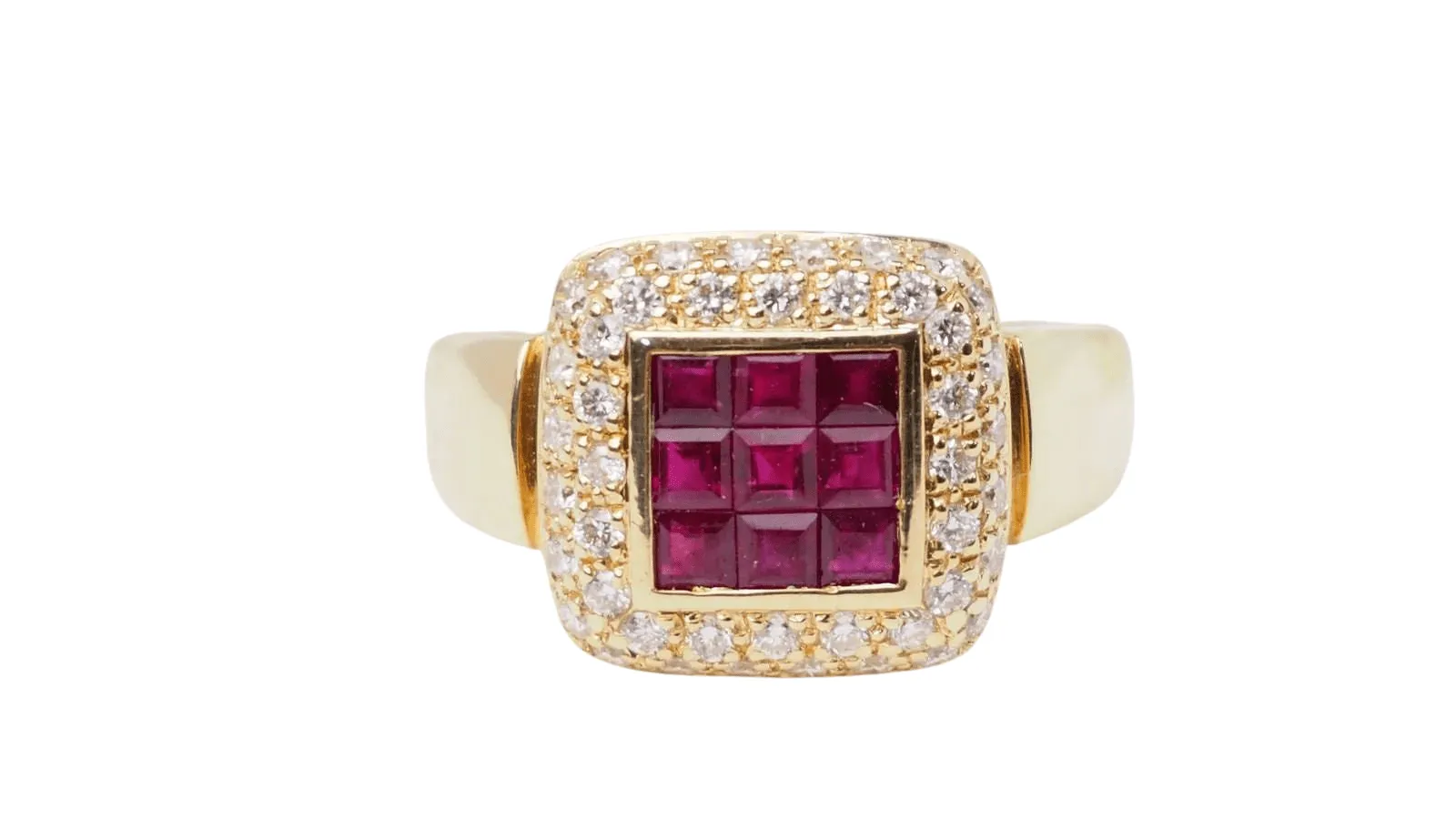 Bague carrée or jaune rubis diamants sold by 58 Facettes