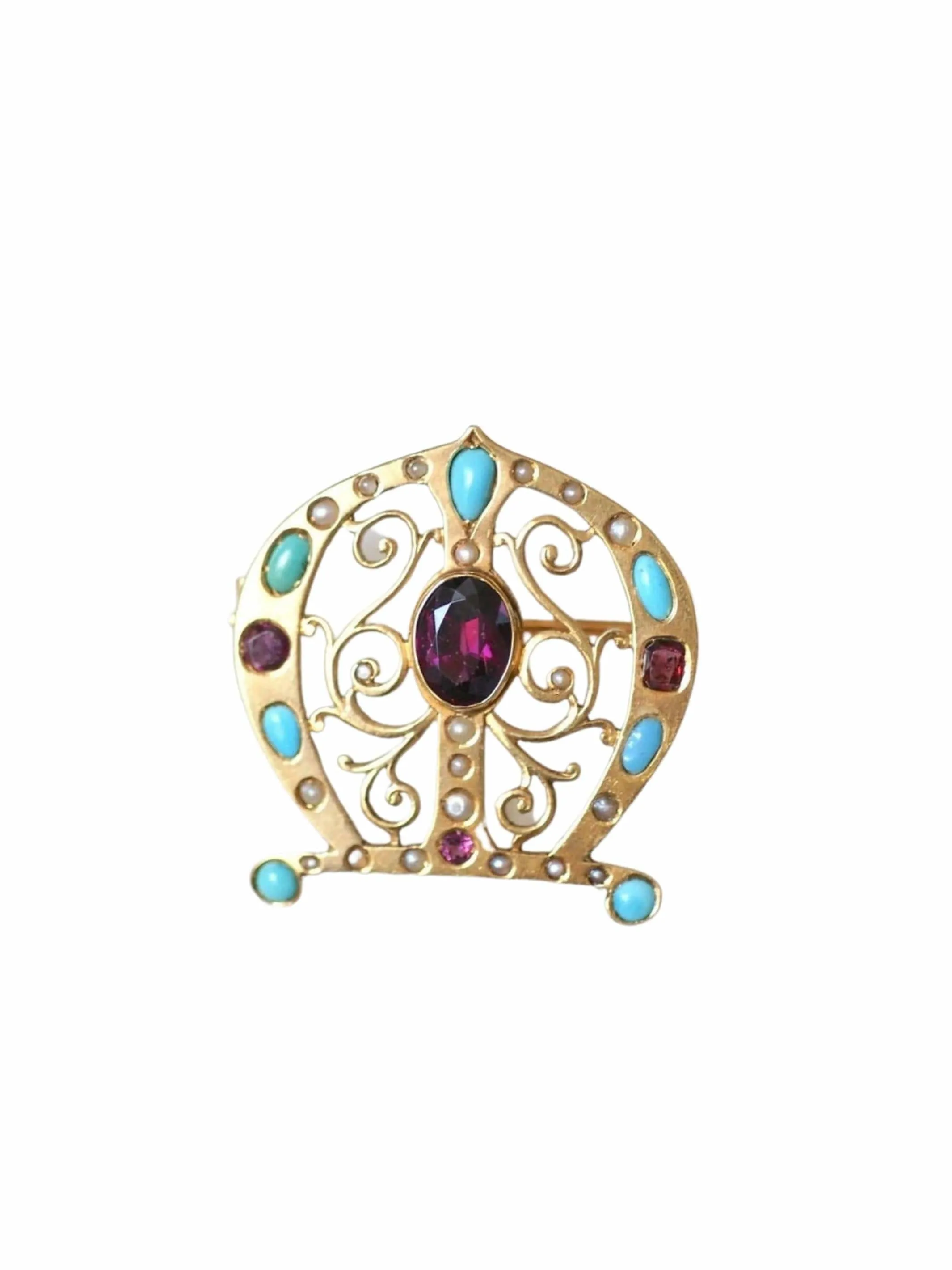 Broche ancienne fer à cheval en or, turquoises, perles, et grenats sold by 58 Facettes