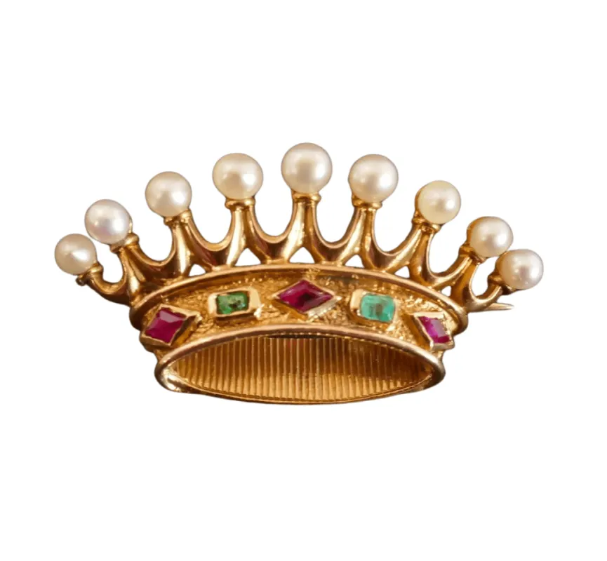 Broche Couronne Comtale, Perles, émeraudes et Rubis, Or sold by 58 Facettes