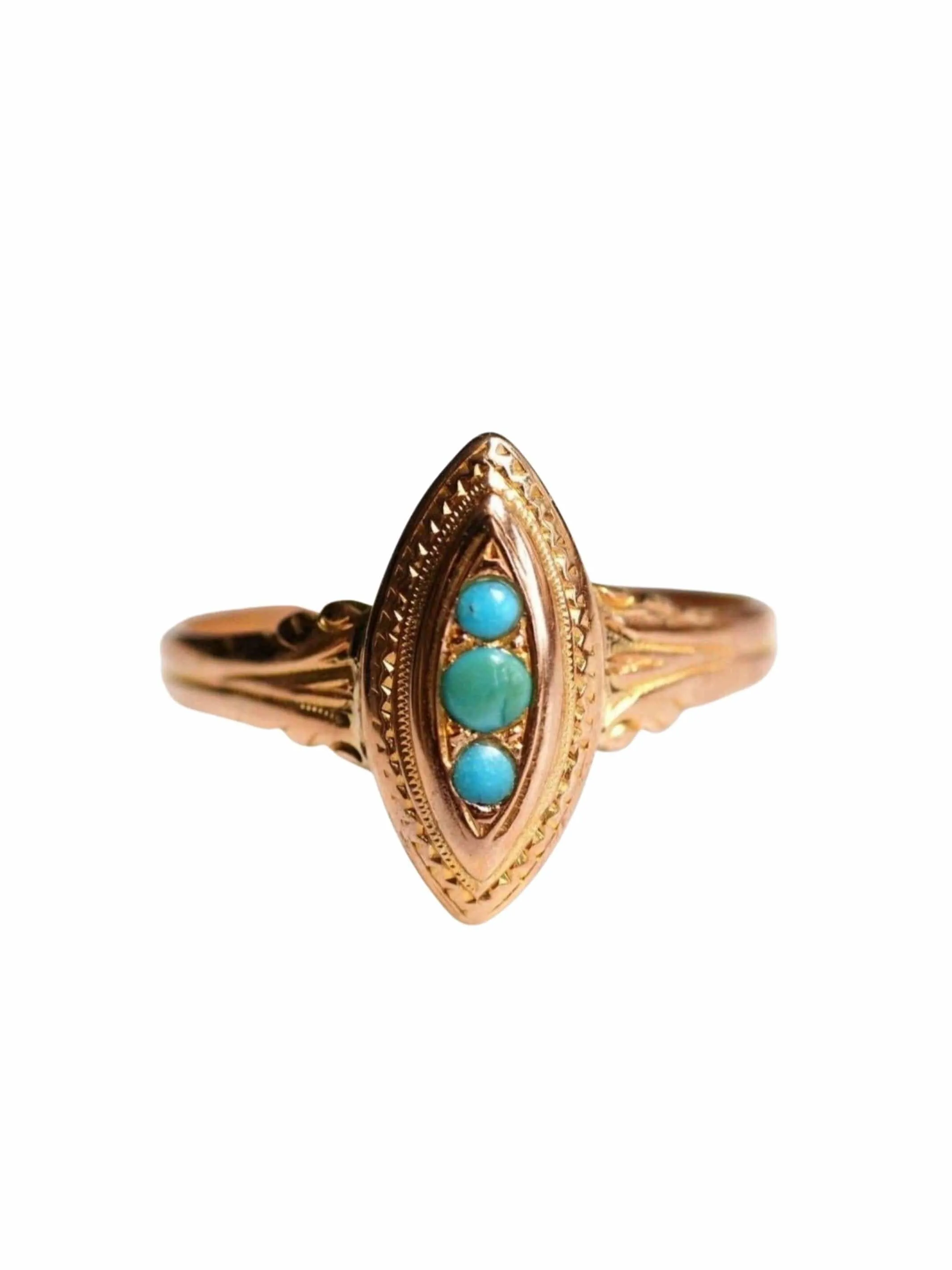 Bague marquise ancienne en or rose et turquoises sold by 58 Facettes