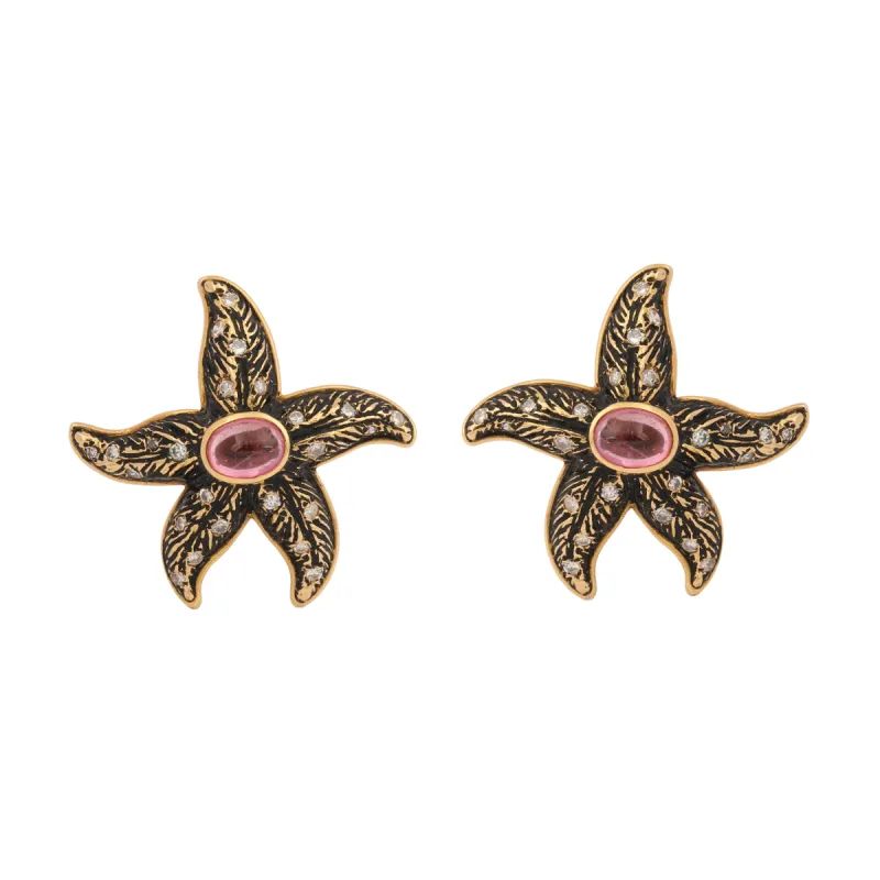 Boucles d'oreilles vintage étoiles de mer tourmalines diamants émail sold by 58 Facettes