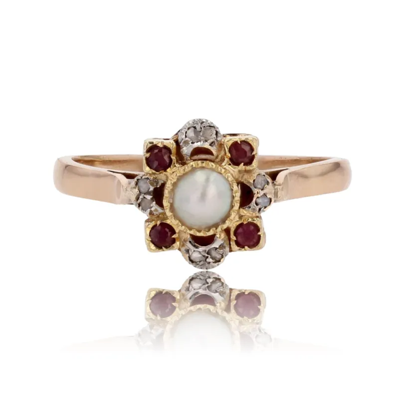 Bague ancienne perle fine rubis et diamants taillés en rose sold by 58 Facettes