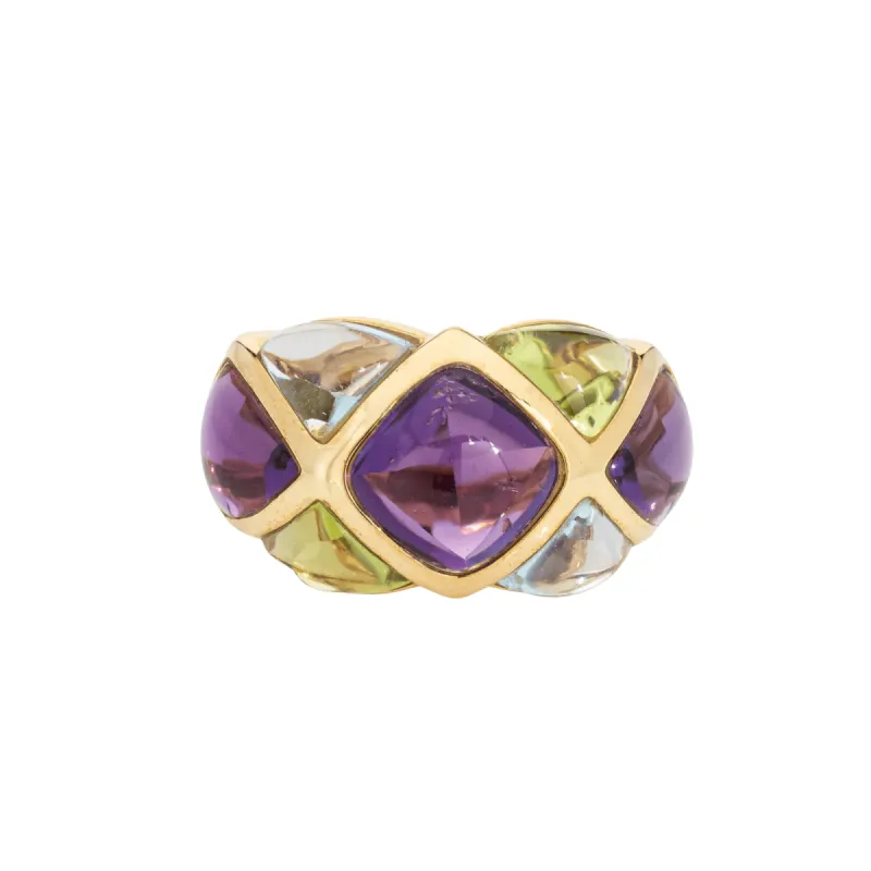 Amethyst and Peridot Ring Harlequin Band Estate Yellow Gold sold by 58 Facettes