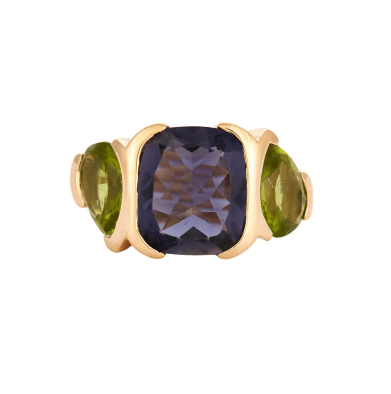 Bague or jaune ornée d'une tourmaline bleue et péridots sold by 58 Facettes