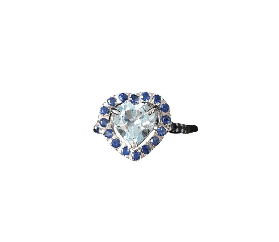 Bague or blanc aigue-marine entourage saphirs sold by 58 Facettes
