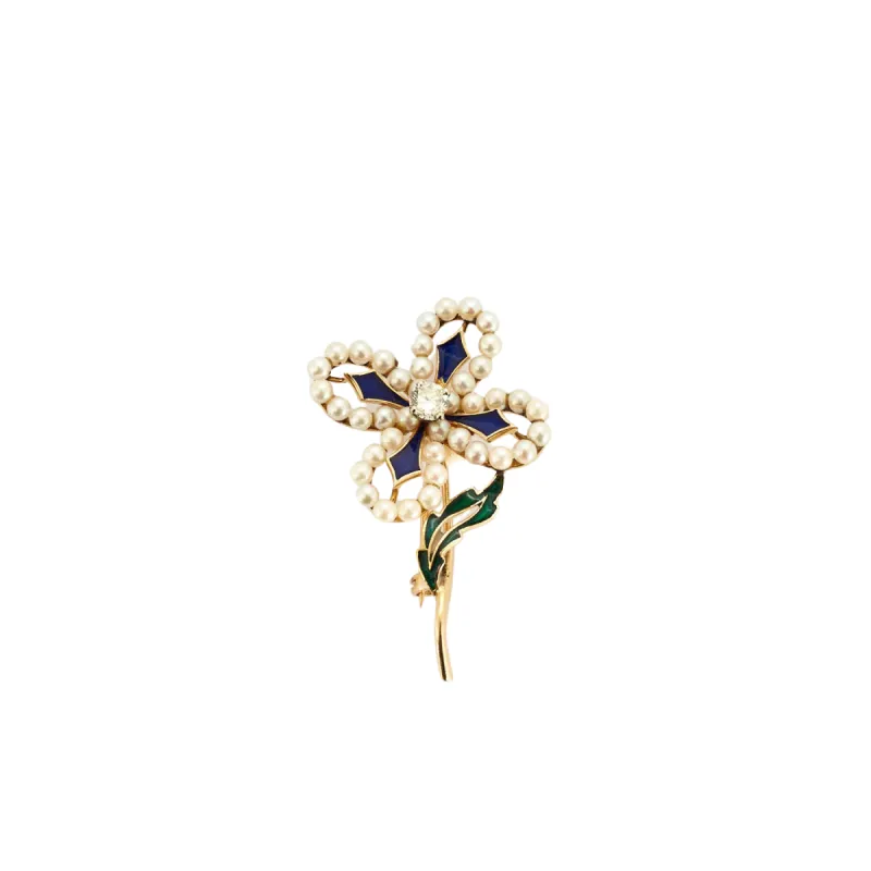 Broche or et diamant et perle sold by 58 Facettes