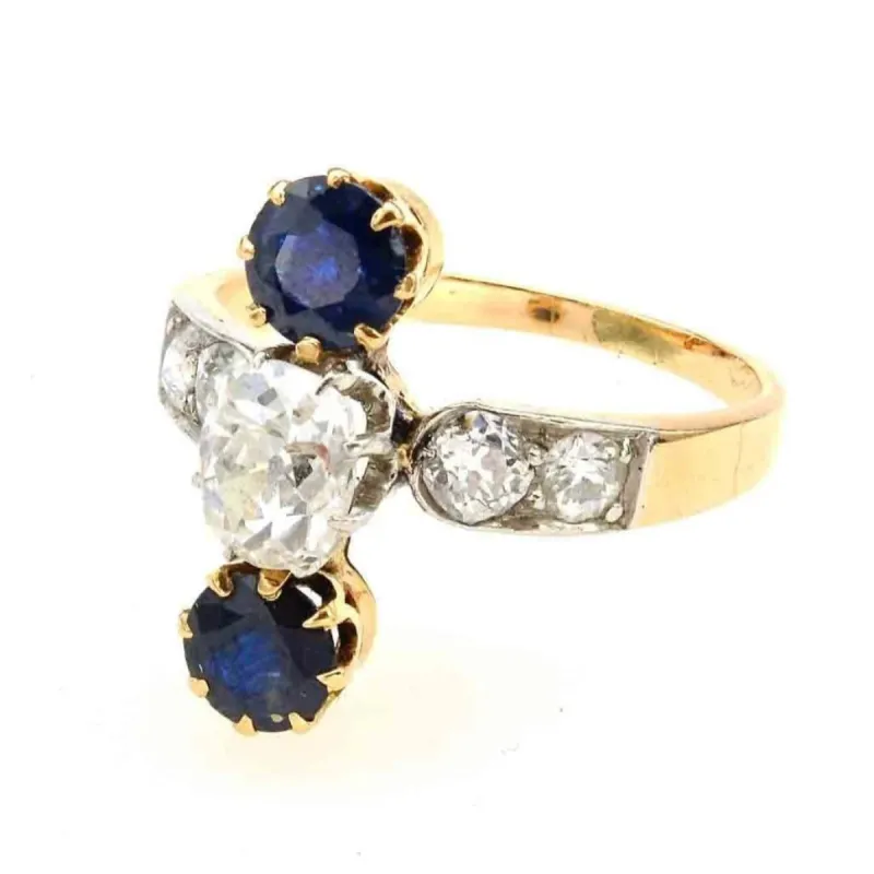 Bague 1900 Or jaune Platine Diamant Saphirs sold by 58 Facettes